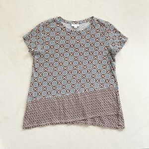 J.Jill Love Linen Medallion Print Short Sleeve Top Small Petite – Brown Blue